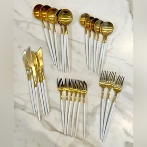 Modern Flatware 27 pieces Gold & White Utensils Stainless Steel Matte White
